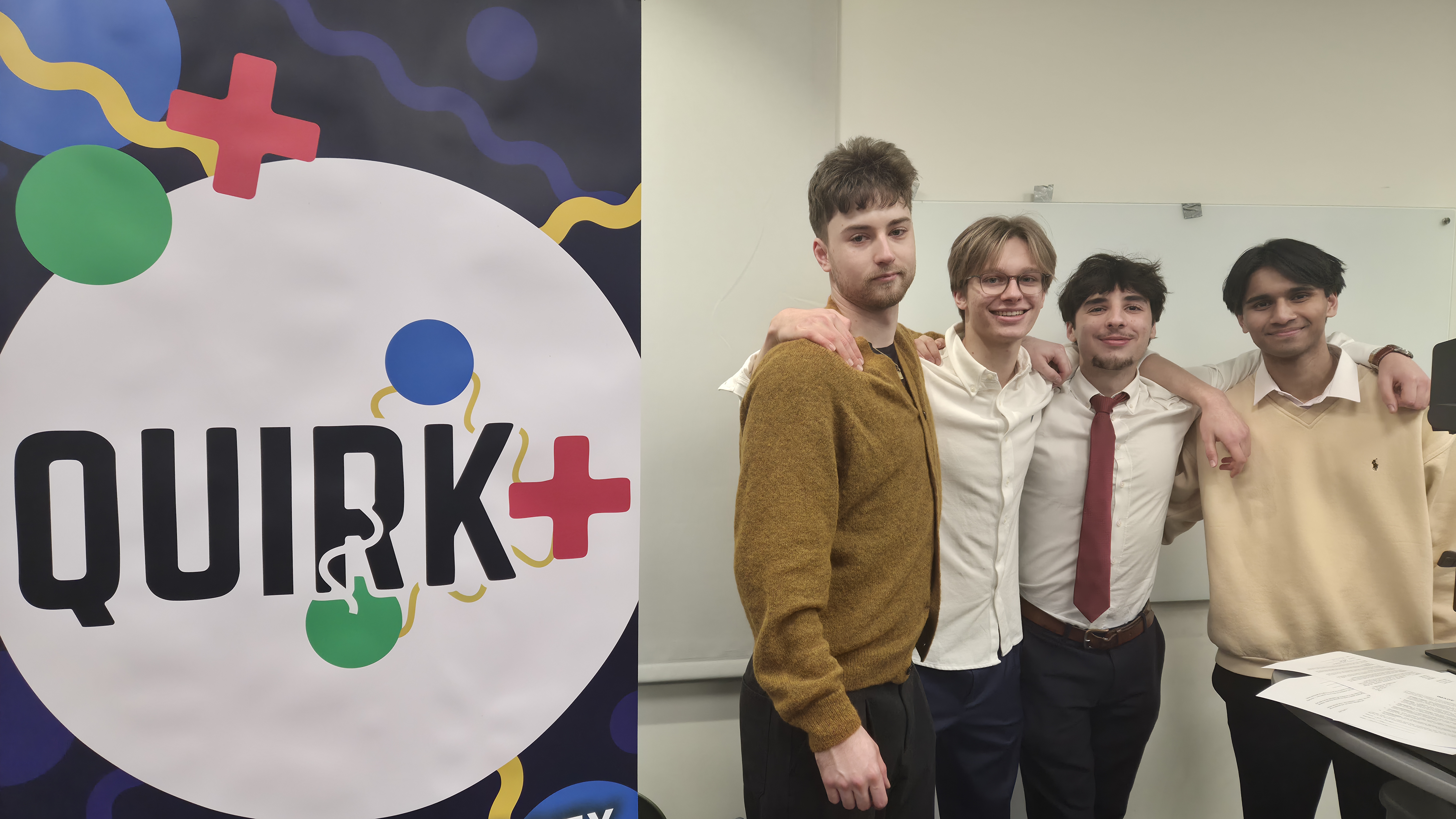 Four students delivering a physics lecture at Quirk+
